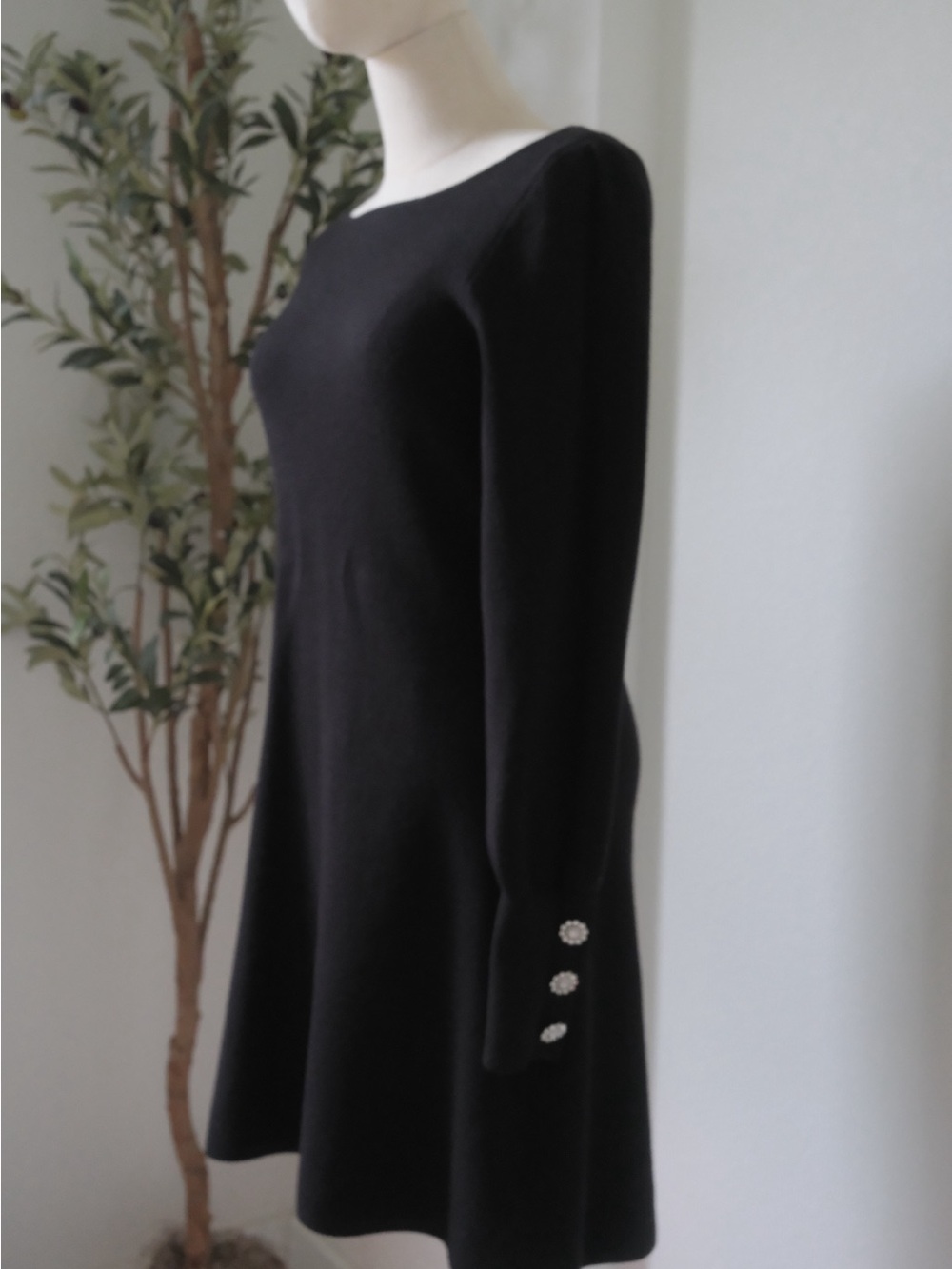 Tahari Black Long-Sleeve A-Line Dress with Crystal Cuff Buttons